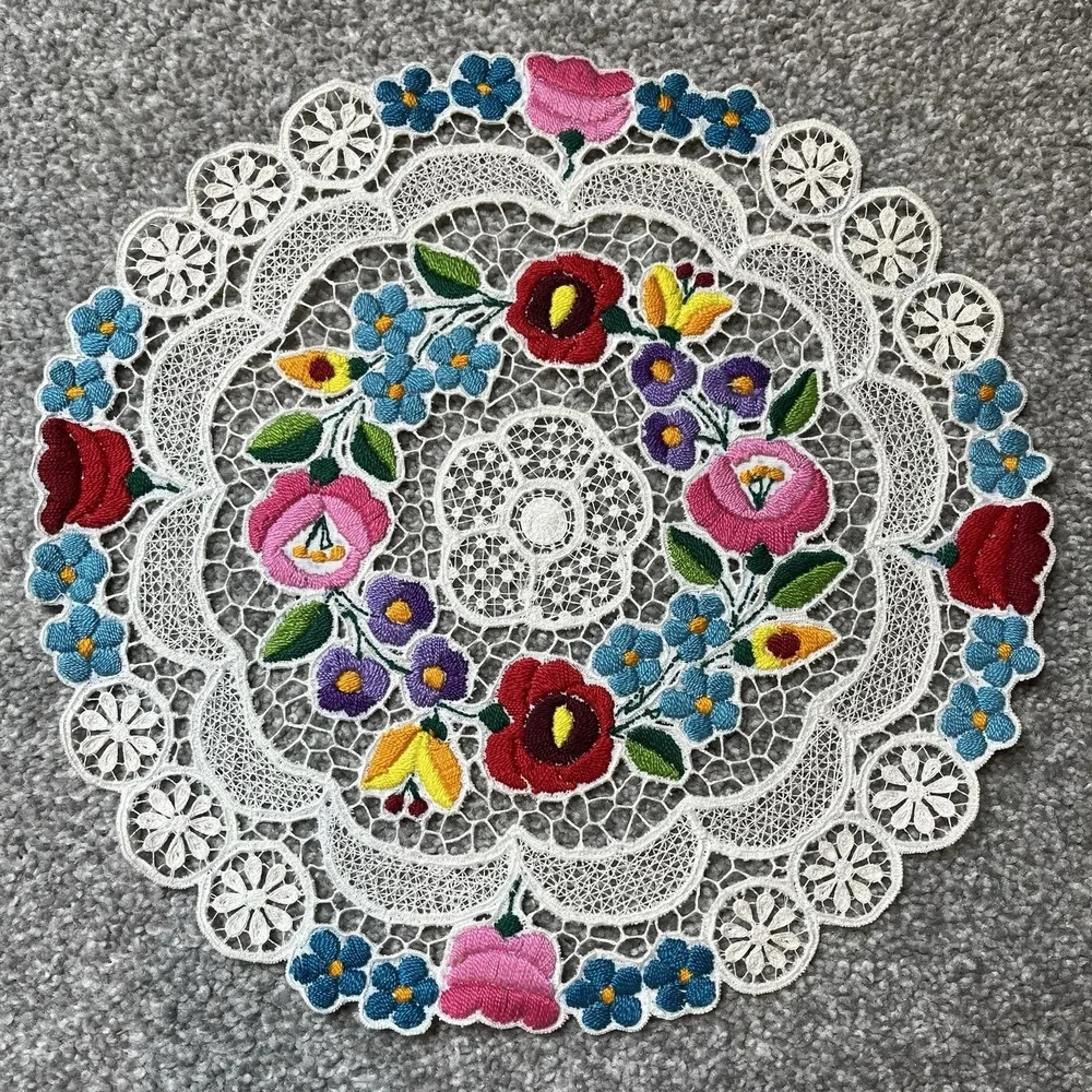 Set of 2 Kalocsa Hungarian Hand Embroidered Doilies Kalocsai Floral Lace Design